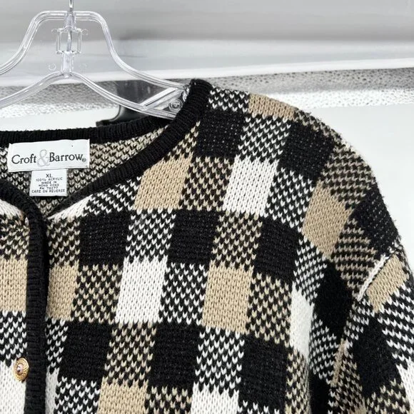 Croft & Barrow Checkered Knit Cardigan Button Up Black/Multi Size XL - Picture 4 of 8